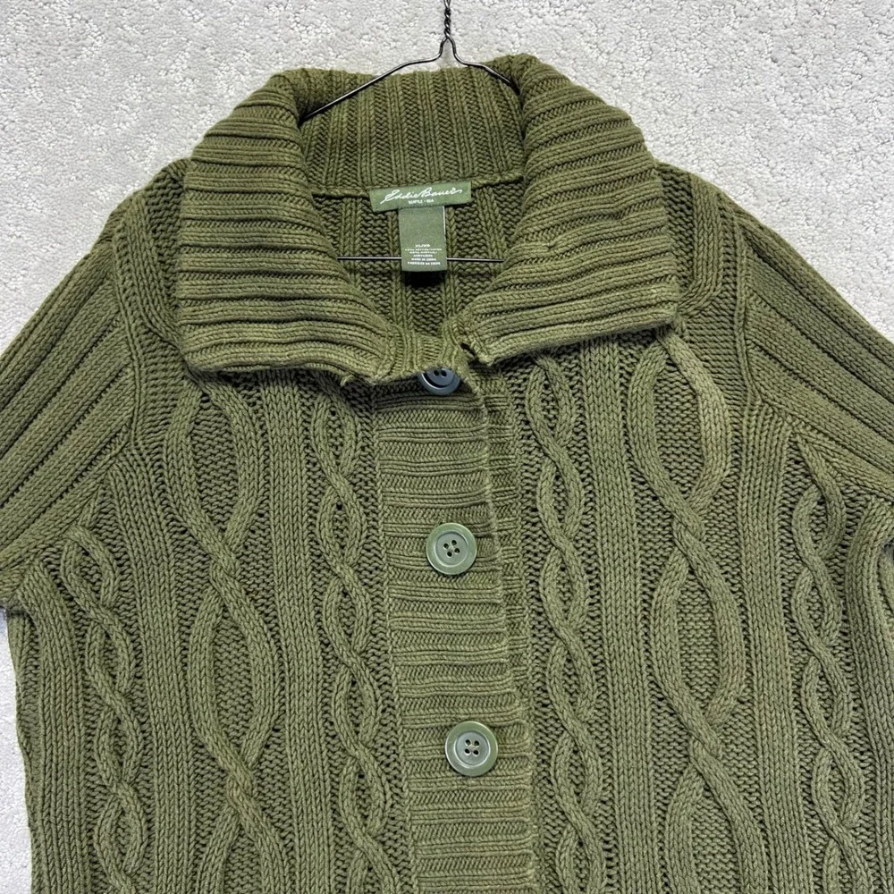 Eddie Bauer Cardigan‎ Sweater Womens XL Green Cable Knit Button Front Fisherman - Picture 3 of 13